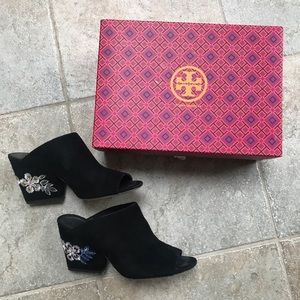 Tory Burch Embroidered Floral Suede Mules